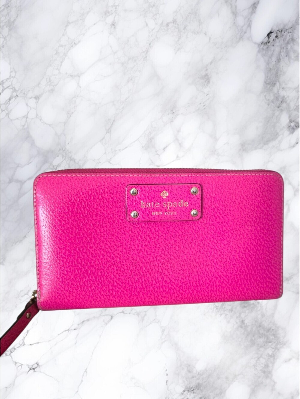 Kate Spade Hot Pink Leather Zip Around Large Continental Wallet Gold Logo